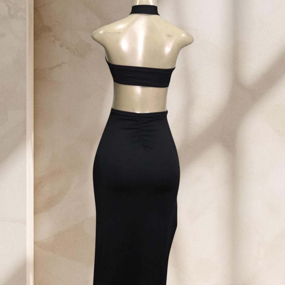 Black Cutout Maxi Dress – Halter Strap Bodycon Ring Detail Sexy Elegant ✧ L - Picture 4 of 4